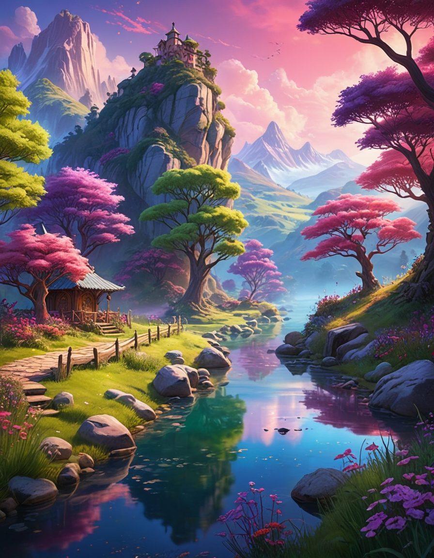 A captivating scene of a whimsical fantasy realm, showcasing animated characters with playful expressions, surrounded by ethereal landscapes filled with vibrant colors and enchanting creatures. Elements of allure and adventure should subtly hint at forbidden themes, creating a mix of excitement and intrigue. Emphasize a dreamy atmosphere with soft lighting and a slightly surreal touch. 3D style. bold colors.